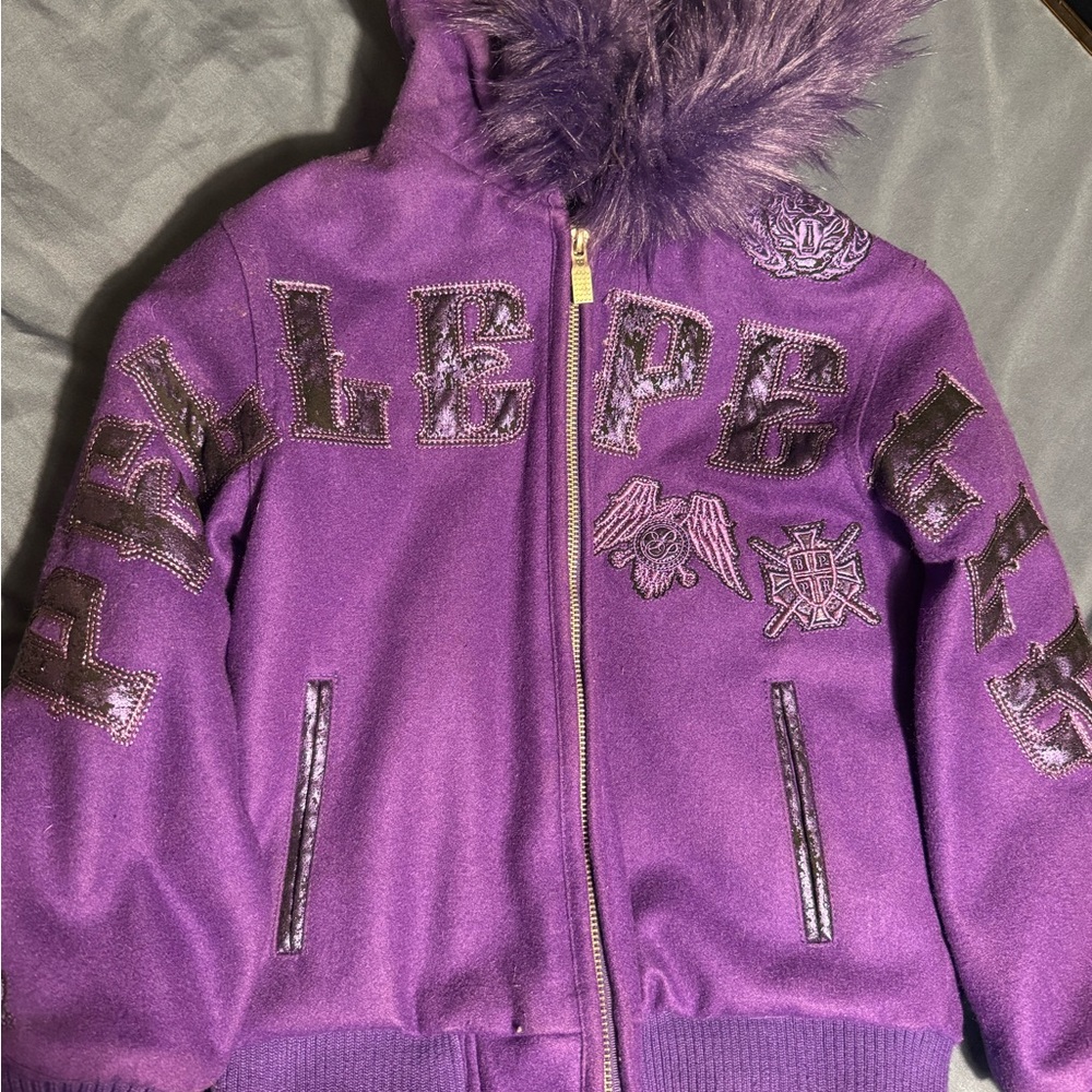 Pelle Pelle Purple Hooded Puffer Jacket with Faux Fur Trim